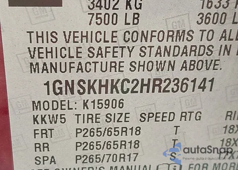 2017 Chevrolet Suburban Lt z USA, uszkodzony, nr VIN 1GNSKHKC2HR236141